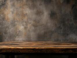 A rustic wooden table against a textured, dark wall, ideal for photography or design use. photo