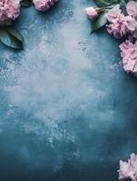 A serene blue background adorned with pink flowers, ideal for invitations or floral designs. photo