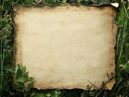 A vintage parchment paper surrounded by green grass and plants, ideal for notes or invitations. photo