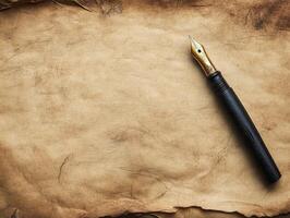 A vintage fountain pen rests on textured parchment, symbolizing writing and creativity. photo