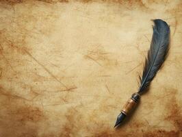 A vintage quill pen resting on aged parchment, evoking a sense of historical writing. photo