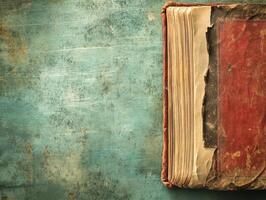 A close-up of an old, worn book resting on a textured blue surface. photo