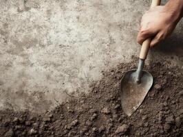 A hand using a shovel to dig into soil on a textured surface. photo