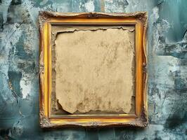 An ornate frame displaying blank, aged paper against a textured background. photo