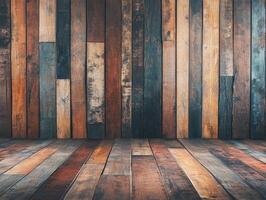 A textured wooden floor and wall, showcasing various shades and grains of wood. photo
