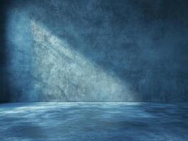 A dimly lit, textured blue room with a spotlight effect on the floor. photo