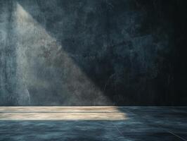 A dimly lit room with textured walls and a spotlight effect on the floor. photo