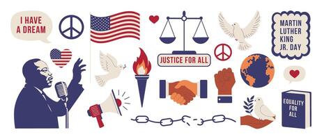 A collection of images and text related to Martin Luther King Jr. And the civil rights movement. The images include a microphone, a book, a globe, a peace sign, and a pair of hands vector