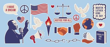A collection of images and text that includes Martin Luther King Jr. Day, the American flag vector