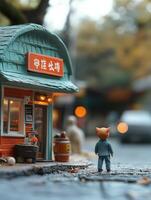 A miniature figure stands before a quaint shop in an autumn setting, evoking nostalgia. photo