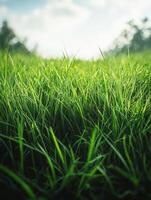 A close-up view of lush green grass under a bright sky, evoking nature's tranquility. photo