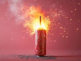 A lit firecracker explodes, emitting bright sparks against a pink background. photo