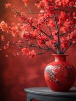 A vibrant red vase with blossoming branches against a warm backdrop, symbolizing beauty and elegance. photo
