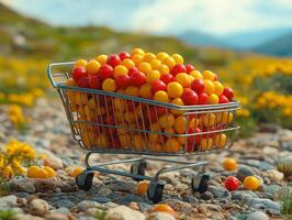 A shopping cart filled with colorful balls in a vibrant flower-filled landscape. photo