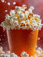 A close-up of a popcorn bucket overflowing with popcorn, with droplets on the surface. photo