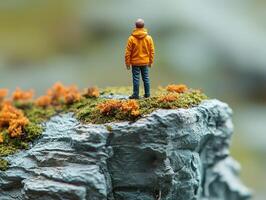 A miniature figure in an orange hoodie stands on a rocky outcrop surrounded by moss and plants. photo