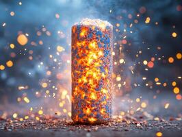 A glowing cylindrical object surrounded by sparks and smoke, suggesting a dynamic energy source. photo