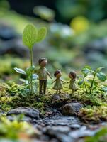 A miniature family stands among small plants in a lush, green environment. photo