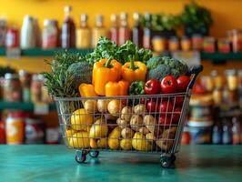 A shopping cart filled with colorful fresh vegetables in a market setting. photo