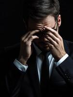 A man in a suit and tie covering his eyes photo