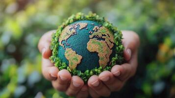 Hands holding a small globe surrounded by greenery symbolizing environmental protection and sustainability photo