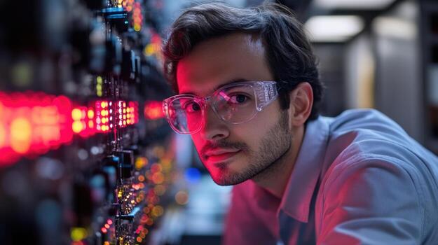 Technician working on advanced equipment in a modern lab environment with illuminated panels photo