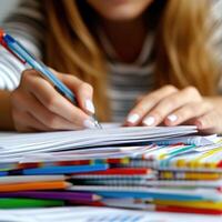 Student working diligently on an assignment surrounded by colorful stationery and notebooks in a bright study area photo
