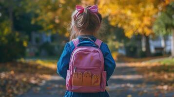 Child walks down a tree-lined path adorned with autumn leaves while carrying a pink backpack, evoking a sense of adventure and innocence photo