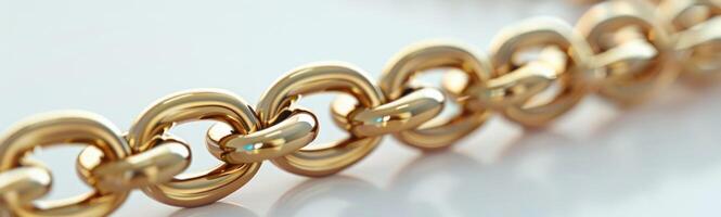 Detailed view of a golden chain with interlocking links glistening under bright light at a jewelry display photo