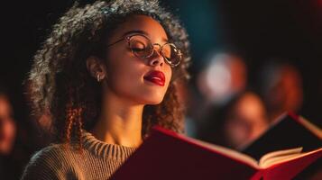 Woman with curly hair reads passionately while engaged in a group setting during an evening gathering photo