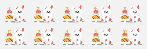 Birthday cake with number, cute bunny character set. Beautiful elements for Kids Birthday Party invitation, greeting card, poster, event, prints and cake toppers design vector