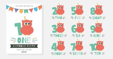 Greeting and invitation for kids Birthday party. Cute owl and set of numbers and text with bird in flat childrens style. illustration collection, design for card, poster, event, prints vector