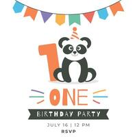 Greeting and invitation for first Birthday party. Cute baby panda and number 1 in flat childrens style. illustration, design for card, poster, event vector