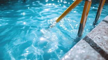 Clear blue water reflects sunlight near a pool ladder in a tranquil outdoor setting featuring smooth stone and vibrant water photo