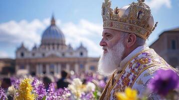 Ceremony with a religious leader surrounded by vibrant flowers under a clear sky in Vatican City photo