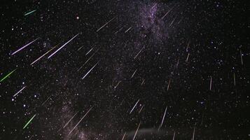 Streaks of shooting stars illuminate the night sky during a meteor shower in a remote mountainous location photo