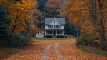 Charming house surrounded by vibrant autumn foliage on a winding path in a serene rural setting photo