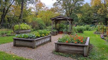 Community garden with raised beds featuring lush vegetables and colorful flowers in a serene outdoor setting photo