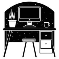 Workplace with Computer, Coffee, and Note on White Background mug desk vector