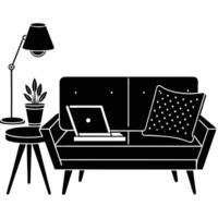 Cozy Workspace Oasis, Silhouette of Couch and Side Table on White home vector