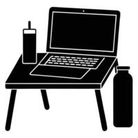 Freelancer Workspace Silhouette with Laptop and Water Bottle desk clean vector