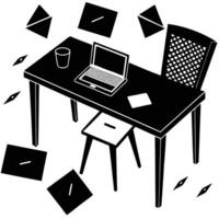 Chaotic Home Office with Scattered Papers and Laptop Silhouette desk vector
