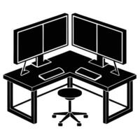 Silhouette of Home Office Setup with Dual Screens on White vector