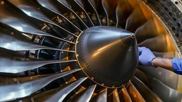 A skilled female engineer inspects advanced aircraft jet engine technology, contributing to advancements in aerospace engineering, which ensures safety and performance in modern video