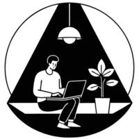 Silhouette of Relaxed Remote Worker at Sunset zen calm laptop evening vector