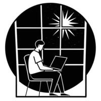 Tranquil Silhouette of a Remote Worker Gazing through a Sun-Drenched vector