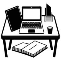 Serene Workspace Ambiance with Documents and Laptop Silhouette desk vector