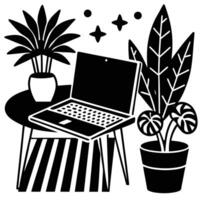 Laptop Workspace Silhouette on White Background vector