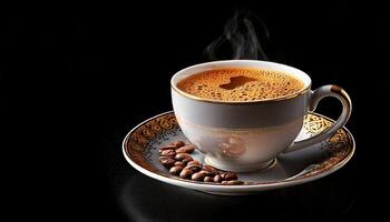 Coffee beans and a cup of coffee on a black background photo