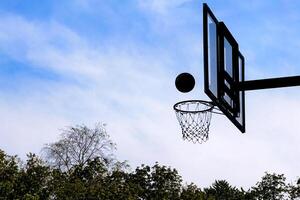 Silhouette of Basketball Hoop and Ball Against Blue Sky with Trees in the Background on a Clear Day photo